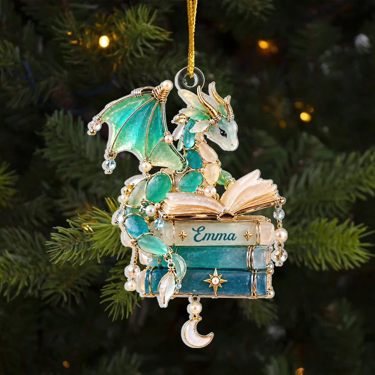 Book Dragon - Personalized Acrylic Ornament Custom Gifts For Book Lovers, Sea Glass Style Tree Decor