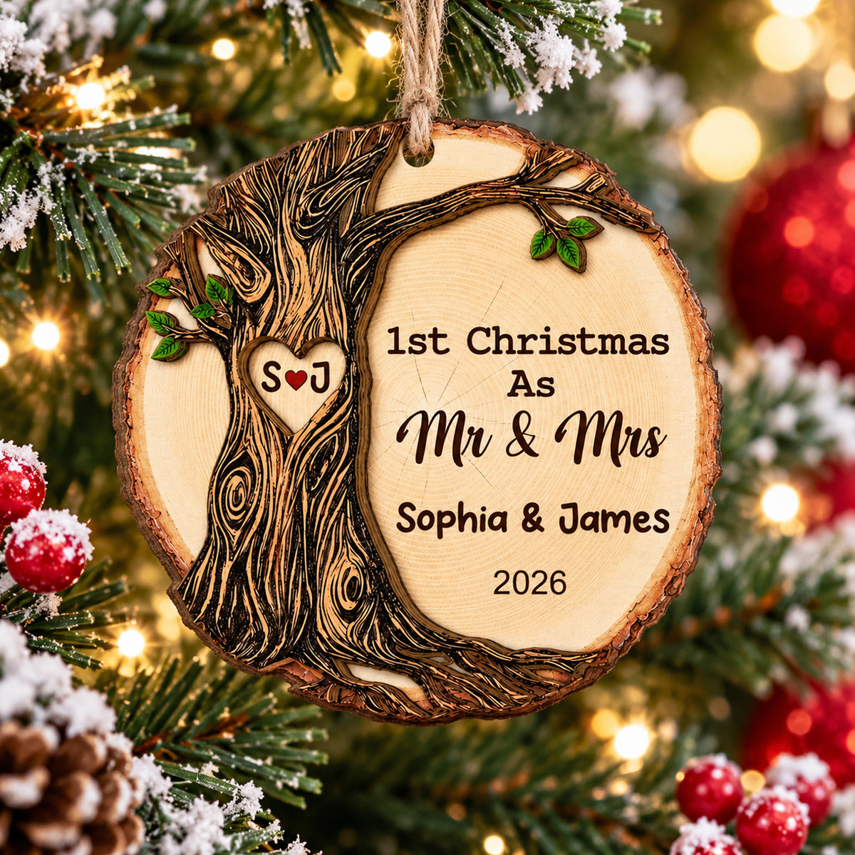 Personalized Wooden Ornament 1st Christmas Mr &amp; Mrs hanging on a snowy tree, names Sophia &amp; James