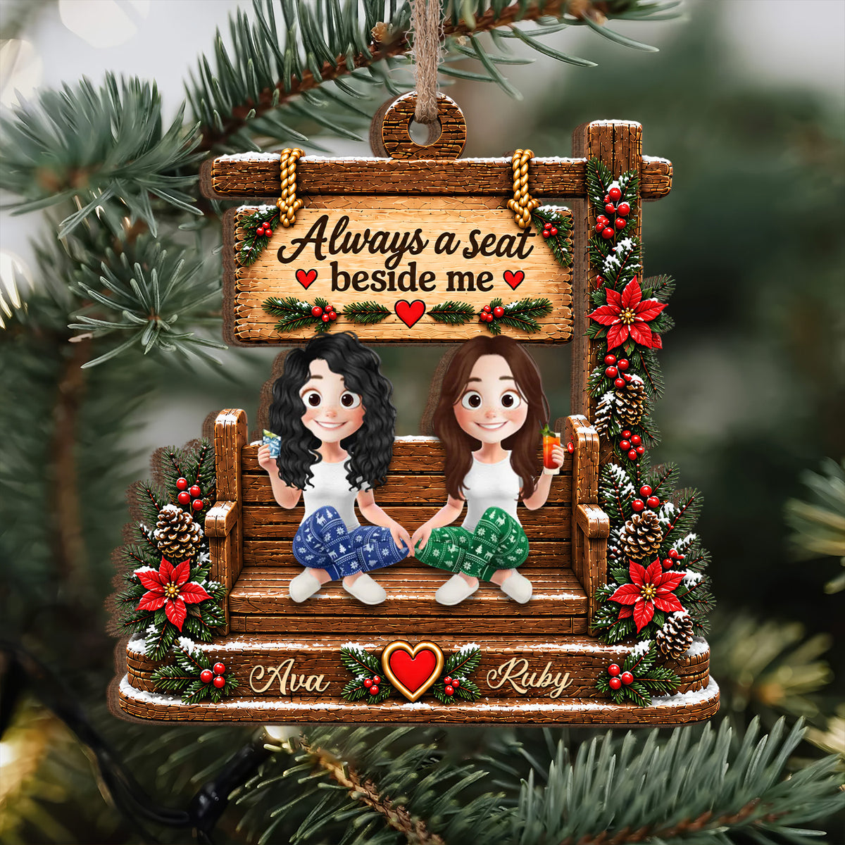 Personalized wooden ornament custom name with two friends on a bench, names Ava and Ruby, hanging on a pine branch