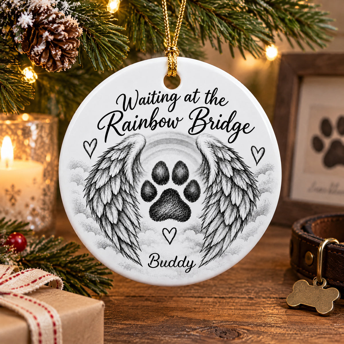 Personalized pet memorial ceramic ornament on a wood table with candle, gift box, and bone-shaped dog tag