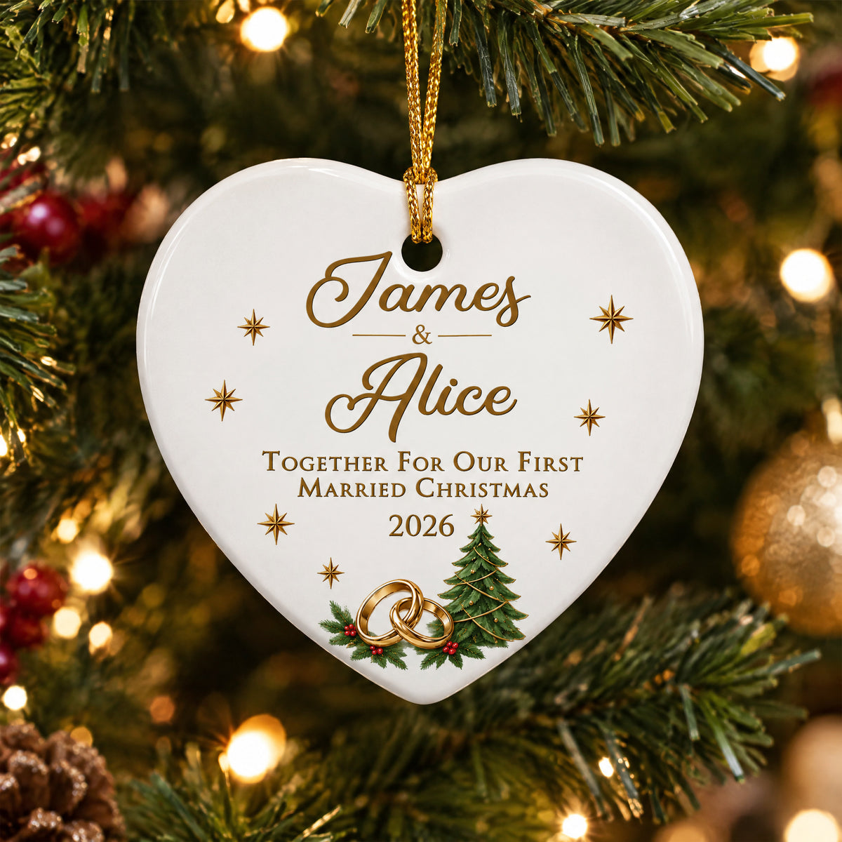 Personalized ceramic ornament first married Christmas hanging on a lit tree with gold baubles behind