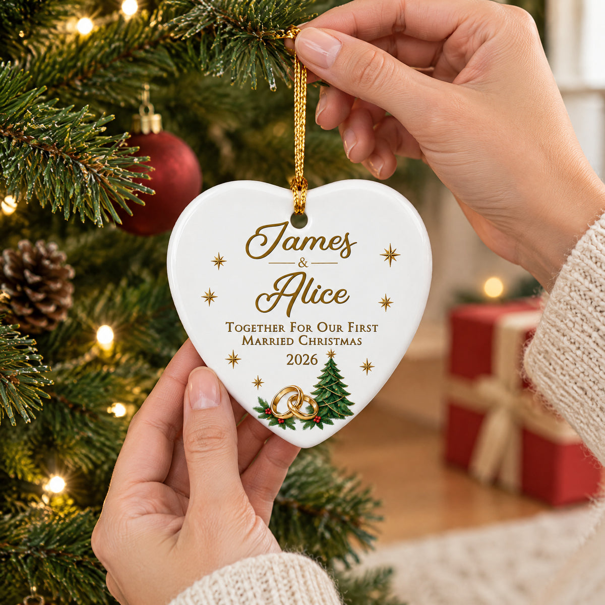 Personalized ceramic ornament first married Christmas held by hands in front of a tree and red gift box