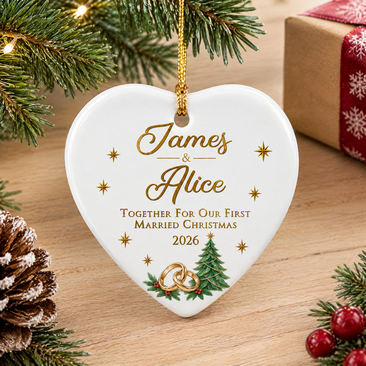 Personalized ceramic ornament first married Christmas on a light wood surface with a pinecone and red berries