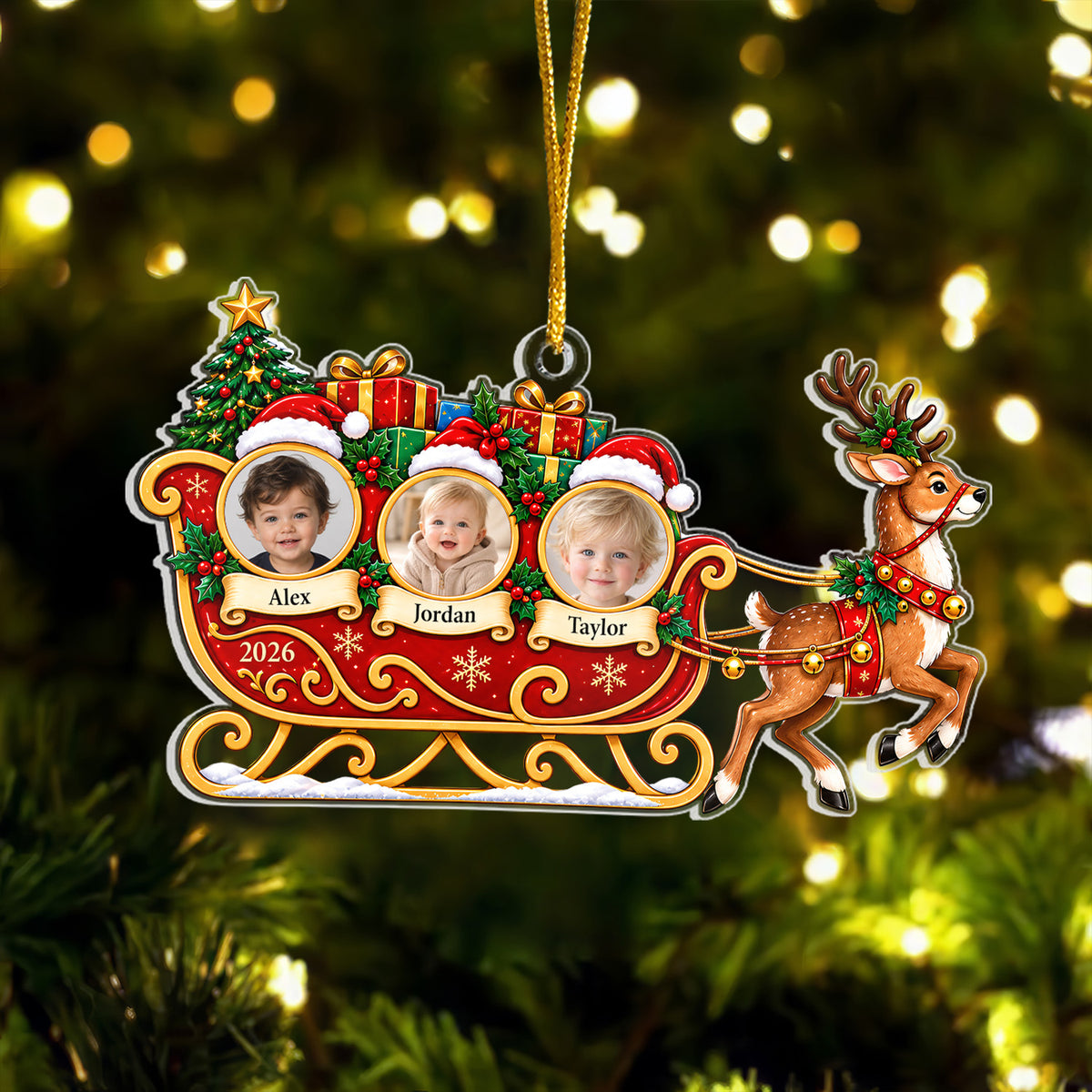 Santa Sleigh &amp; Reindeer Design, Custom 3 Photos, Names &amp; Year, Christmas Keepsake, Personalized Family Photo Christmas Acrylic Ornament