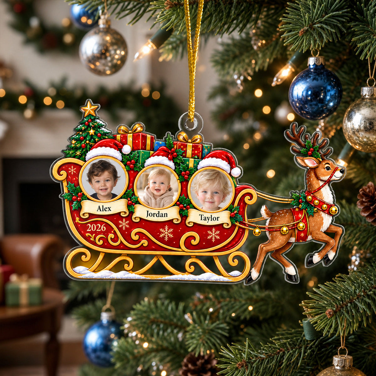 Santa Sleigh &amp; Reindeer Design, Custom 3 Photos, Names &amp; Year, Christmas Keepsake, Personalized Family Photo Christmas Acrylic Ornament