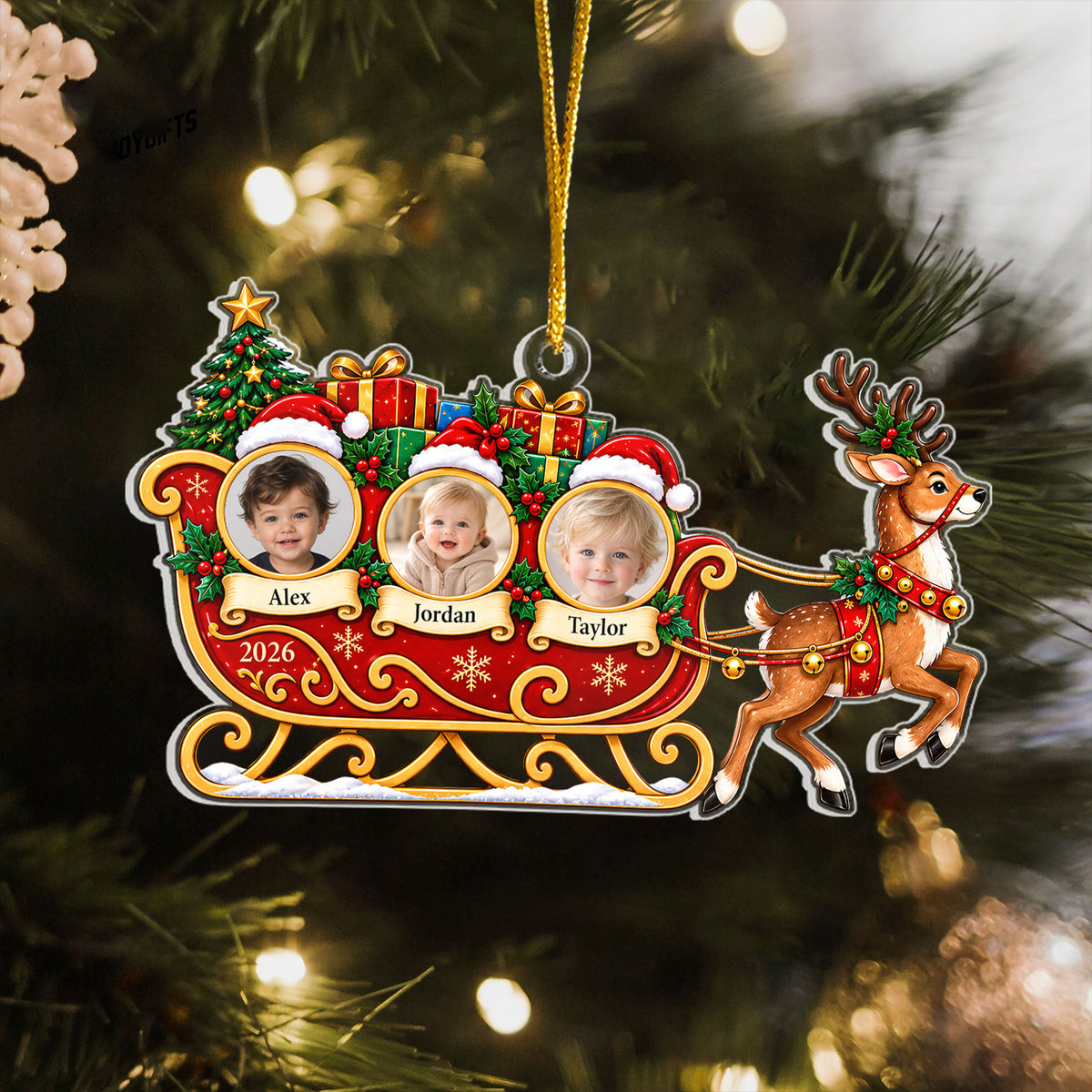 Santa Sleigh &amp; Reindeer Design, Custom 3 Photos, Names &amp; Year, Christmas Keepsake, Personalized Family Photo Christmas Acrylic Ornament