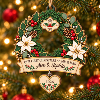 First Christmas As Mr & Mrs - Personalized Wooden Ornament, Elegant Wreath Home Decor