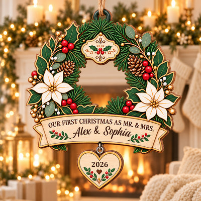 First Christmas As Mr & Mrs - Personalized Wooden Ornament, Elegant Wreath Home Decor