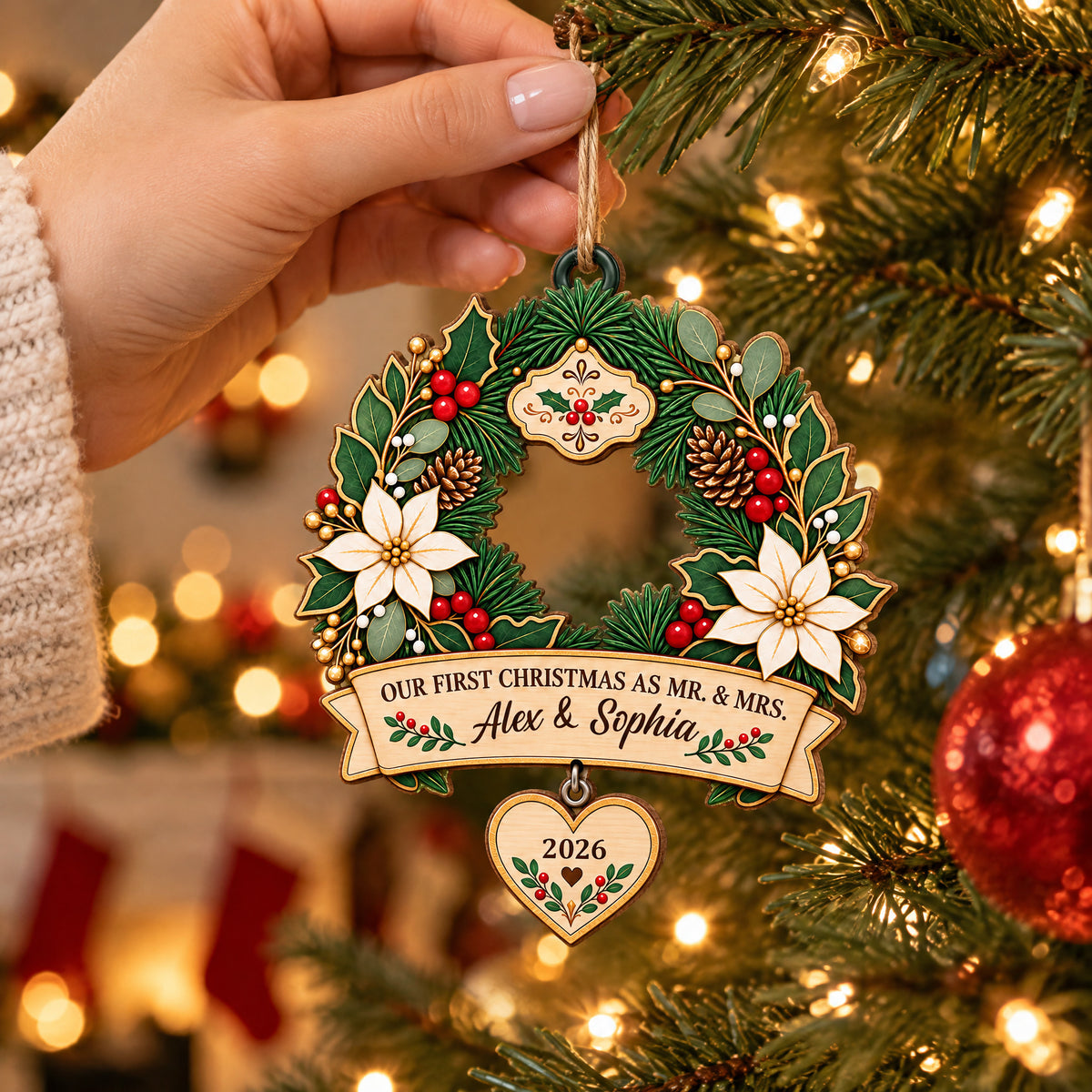 First Christmas As Mr &amp; Mrs - Personalized Wooden Ornament, Elegant Wreath Home Decor