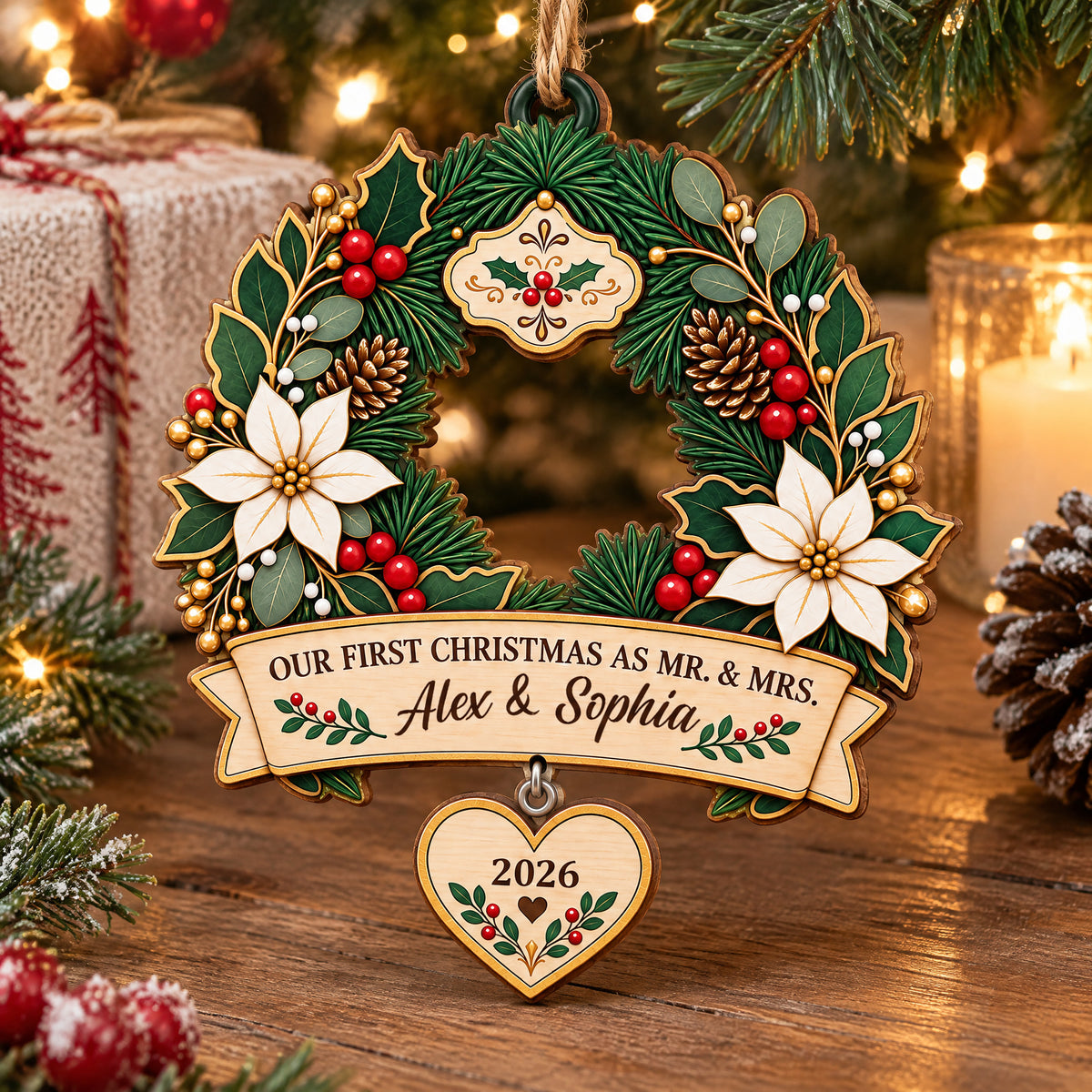 First Christmas As Mr &amp; Mrs - Personalized Wooden Ornament, Elegant Wreath Home Decor