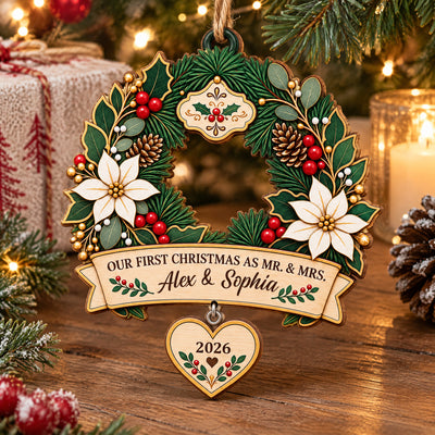 First Christmas As Mr & Mrs - Personalized Wooden Ornament, Elegant Wreath Home Decor