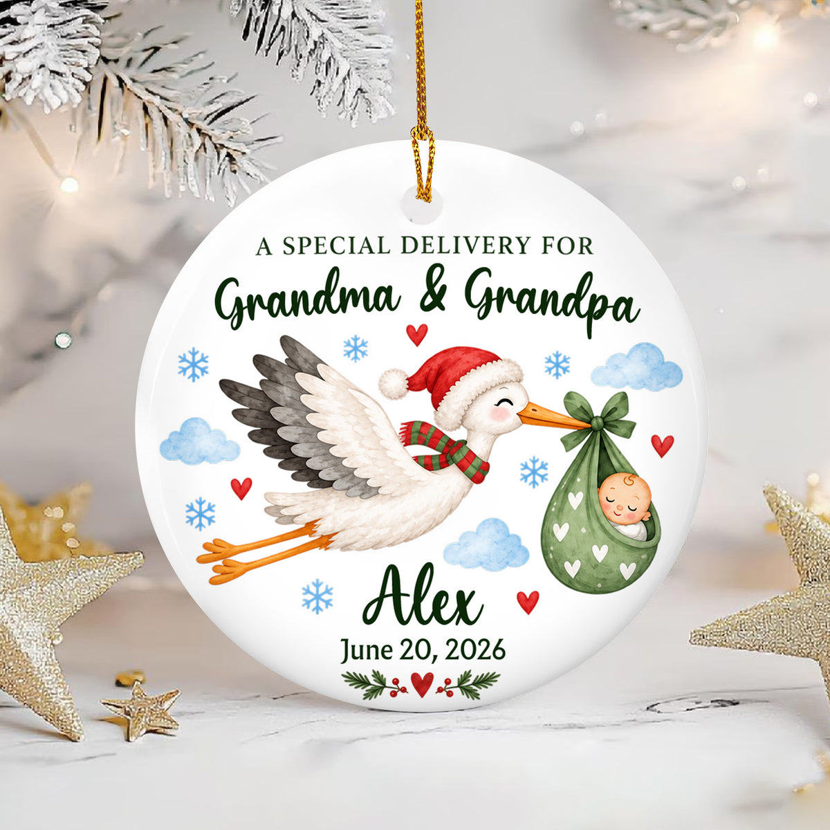 Special Delivery For Grandparents - Personalized Ceramic Ornament, Gift For New Baby, Expecting Parents, Grandparents