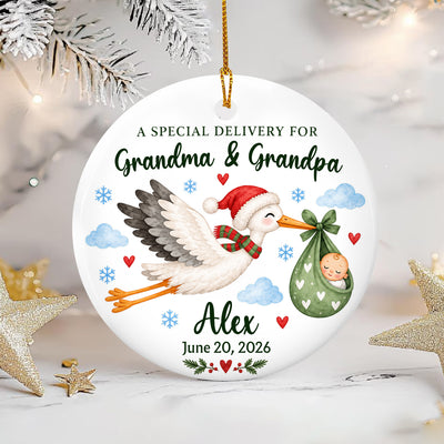 Special Delivery For Grandparents - Personalized Ceramic Ornament, Gift For New Baby, Expecting Parents, Grandparents