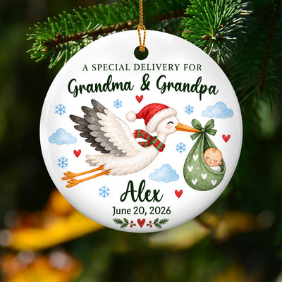 Special Delivery For Grandparents - Personalized Ceramic Ornament, Gift For New Baby, Expecting Parents, Grandparents