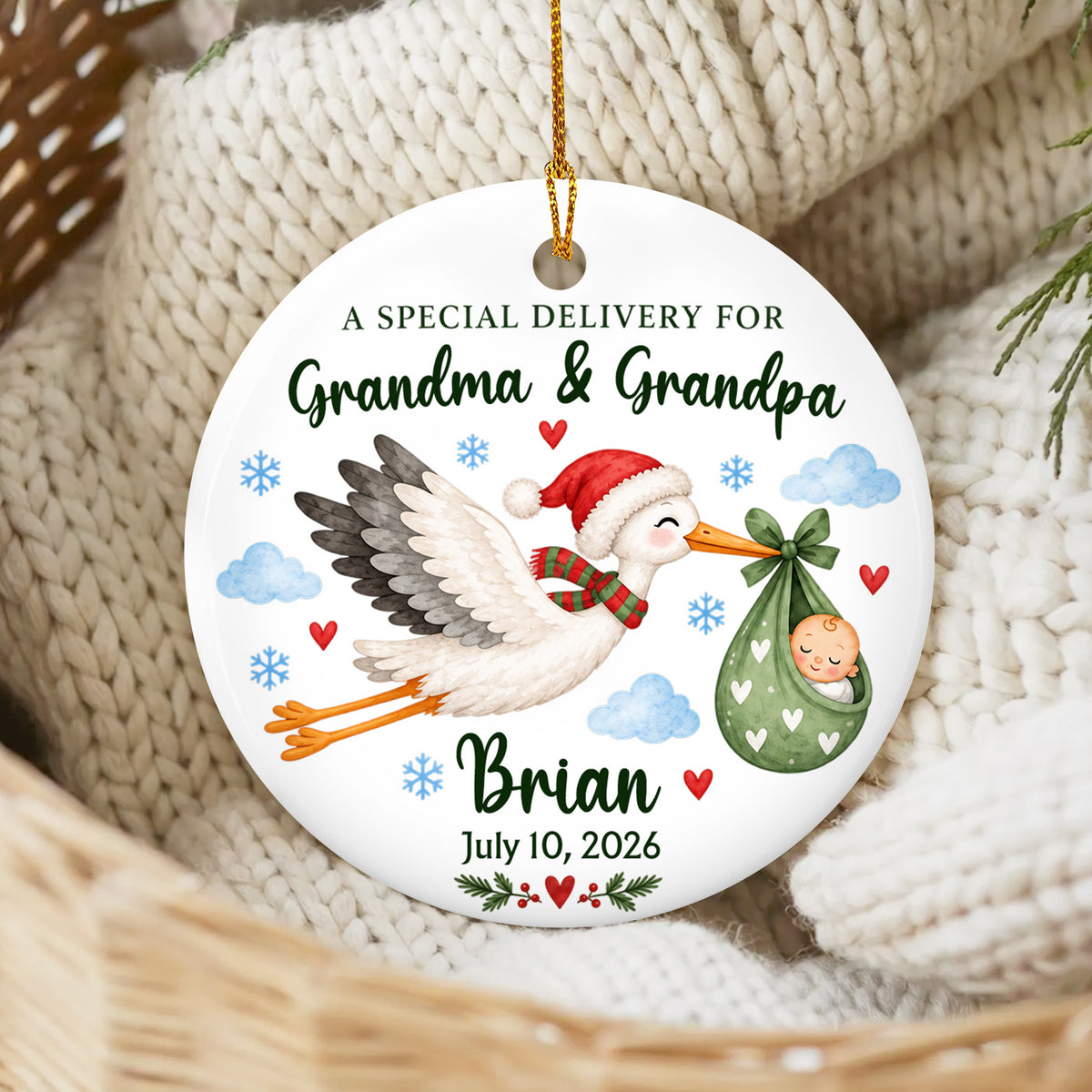 Special Delivery For Grandparents - Personalized Ceramic Ornament, Gift For New Baby, Expecting Parents, Grandparents