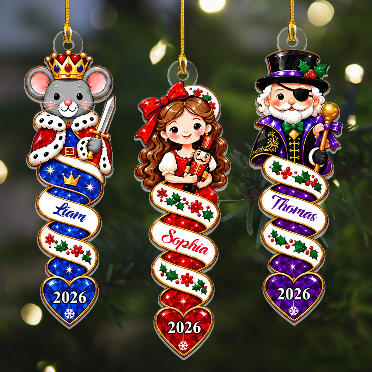 Custom Name &amp; Year, Clara, Mouse King &amp; Sugar Plum Fairy Ballet Tree Decoration, Personalized Nutcracker Christmas Acrylic Ornament