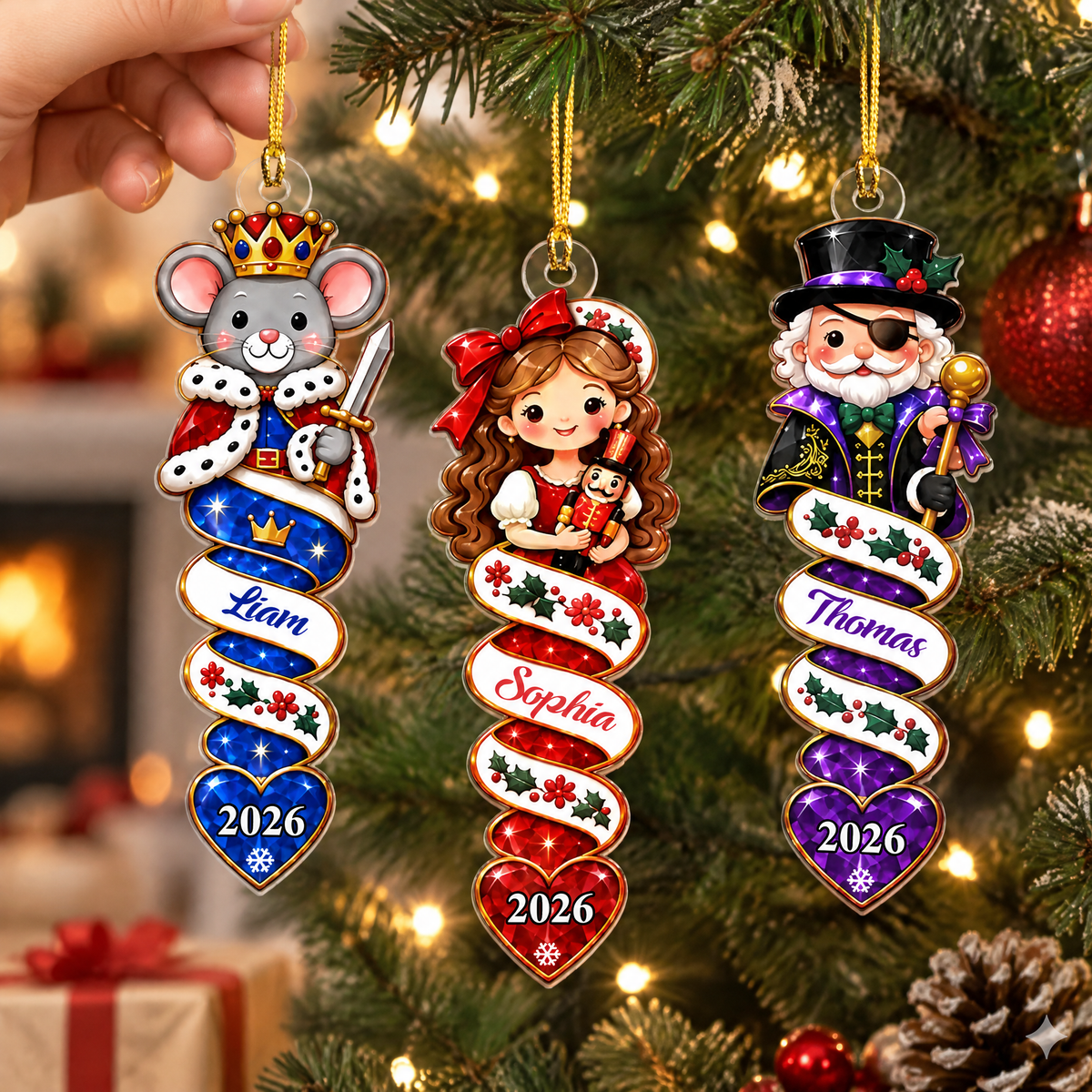 Custom Name &amp; Year, Clara, Mouse King &amp; Sugar Plum Fairy Ballet Tree Decoration, Personalized Nutcracker Christmas Acrylic Ornament