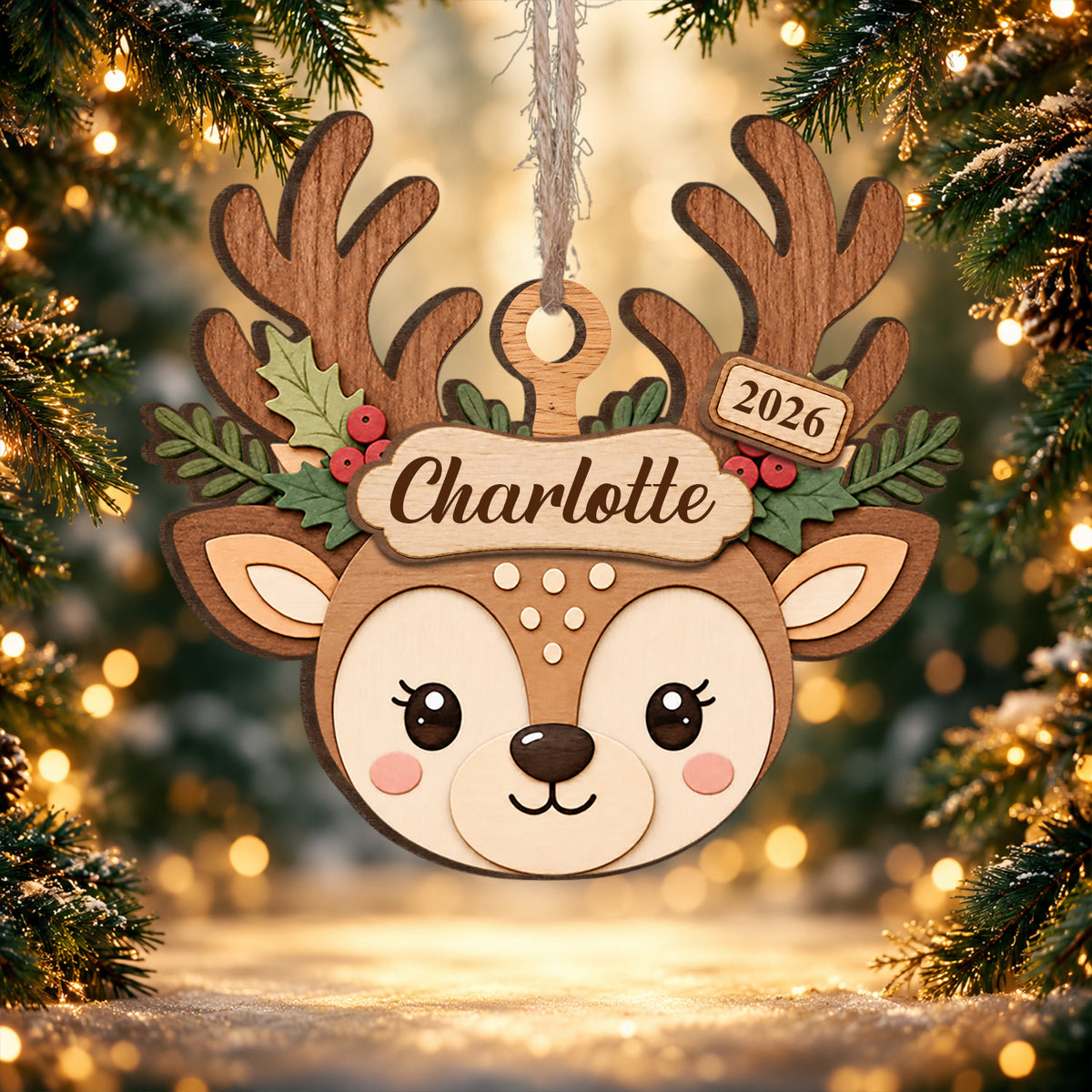 Cute Reindeer Christmas - Personalized 2 Layer Wooden Ornament, Gift For Kids, Christmas Ornament