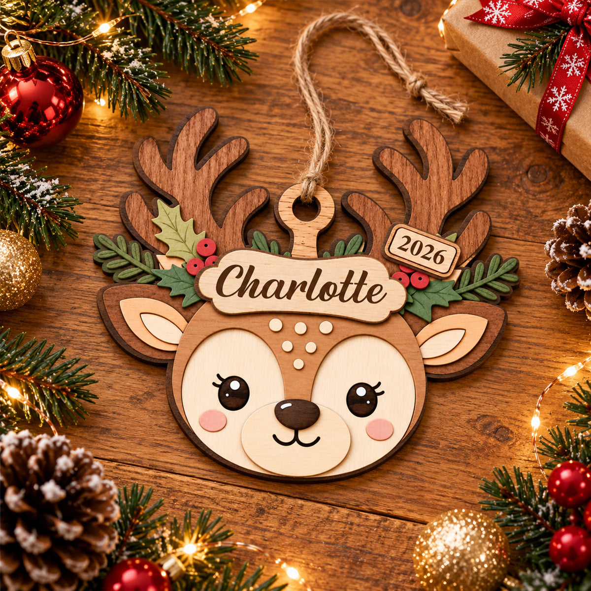 Cute Reindeer Christmas - Personalized 2 Layer Wooden Ornament, Gift For Kids, Christmas Ornament