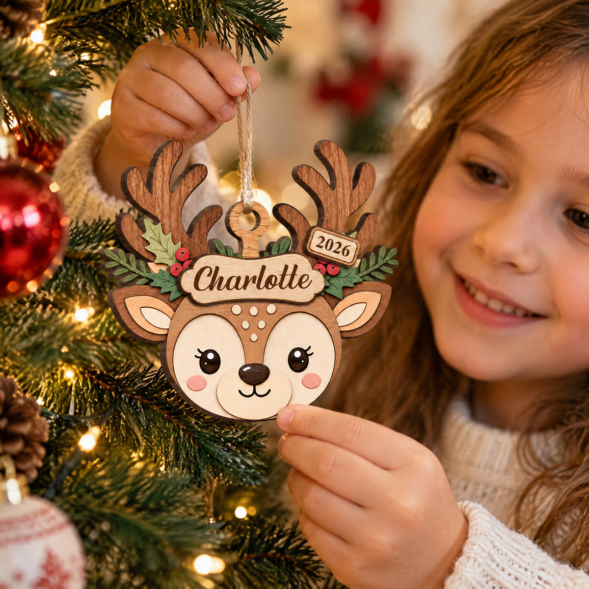 Cute Reindeer Christmas - Personalized 2 Layer Wooden Ornament, Gift For Kids, Christmas Ornament