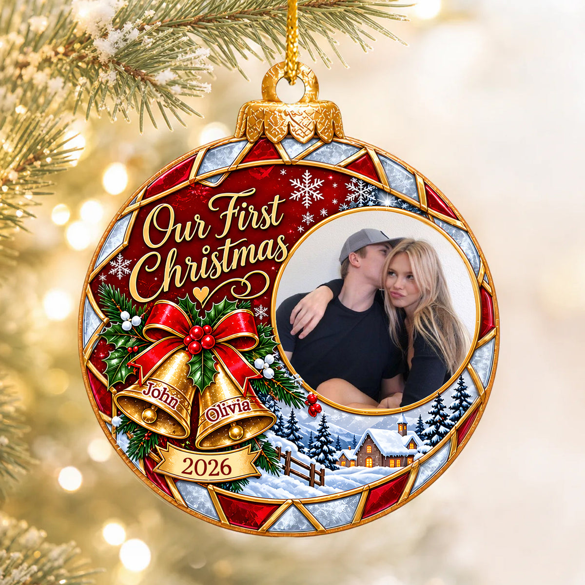 Festive Bells First Christmas - Personalized Acrylic Ornament, Custom Couple Photo And Name Ornament