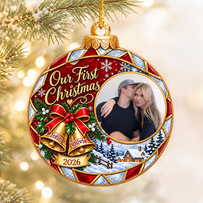 Festive Bells First Christmas - Personalized Acrylic Ornament, Custom Couple Photo And Name Ornament