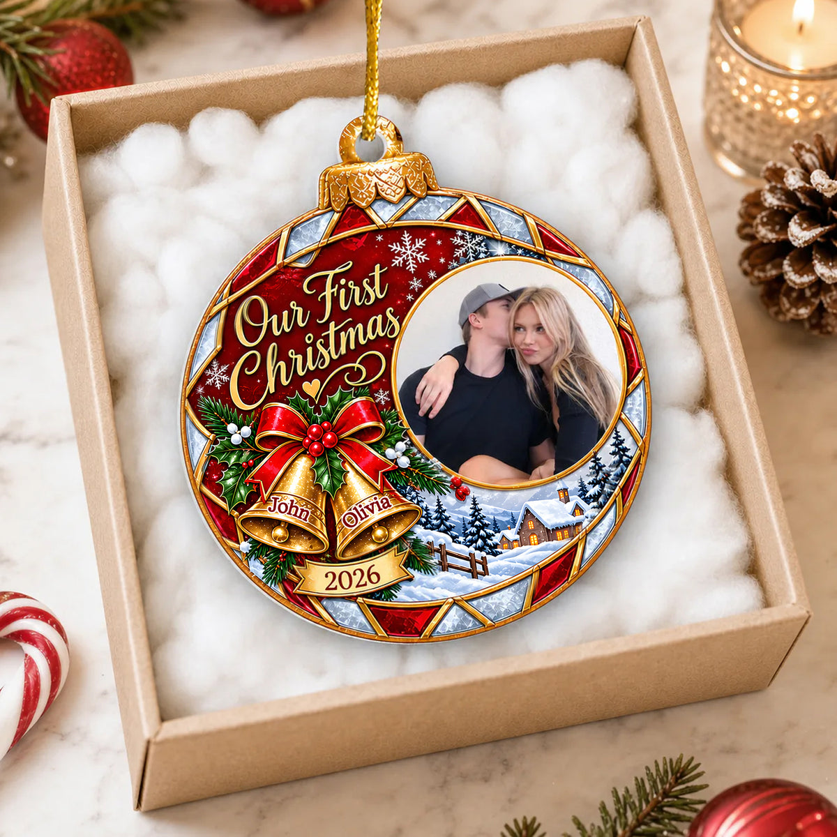 Festive Bells First Christmas - Personalized Acrylic Ornament, Custom Couple Photo And Name Ornament