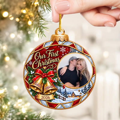 Festive Bells First Christmas - Personalized Acrylic Ornament, Custom Couple Photo And Name Ornament