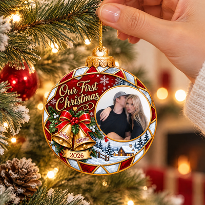 Festive Bells First Christmas - Personalized Acrylic Ornament, Custom Couple Photo And Name Ornament