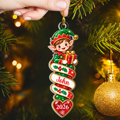 Custom Name & Year, Cute Santa's Helper Holding Gift, Kids Christmas Tree Decoration, Personalized Christmas Elf Acrylic Ornament