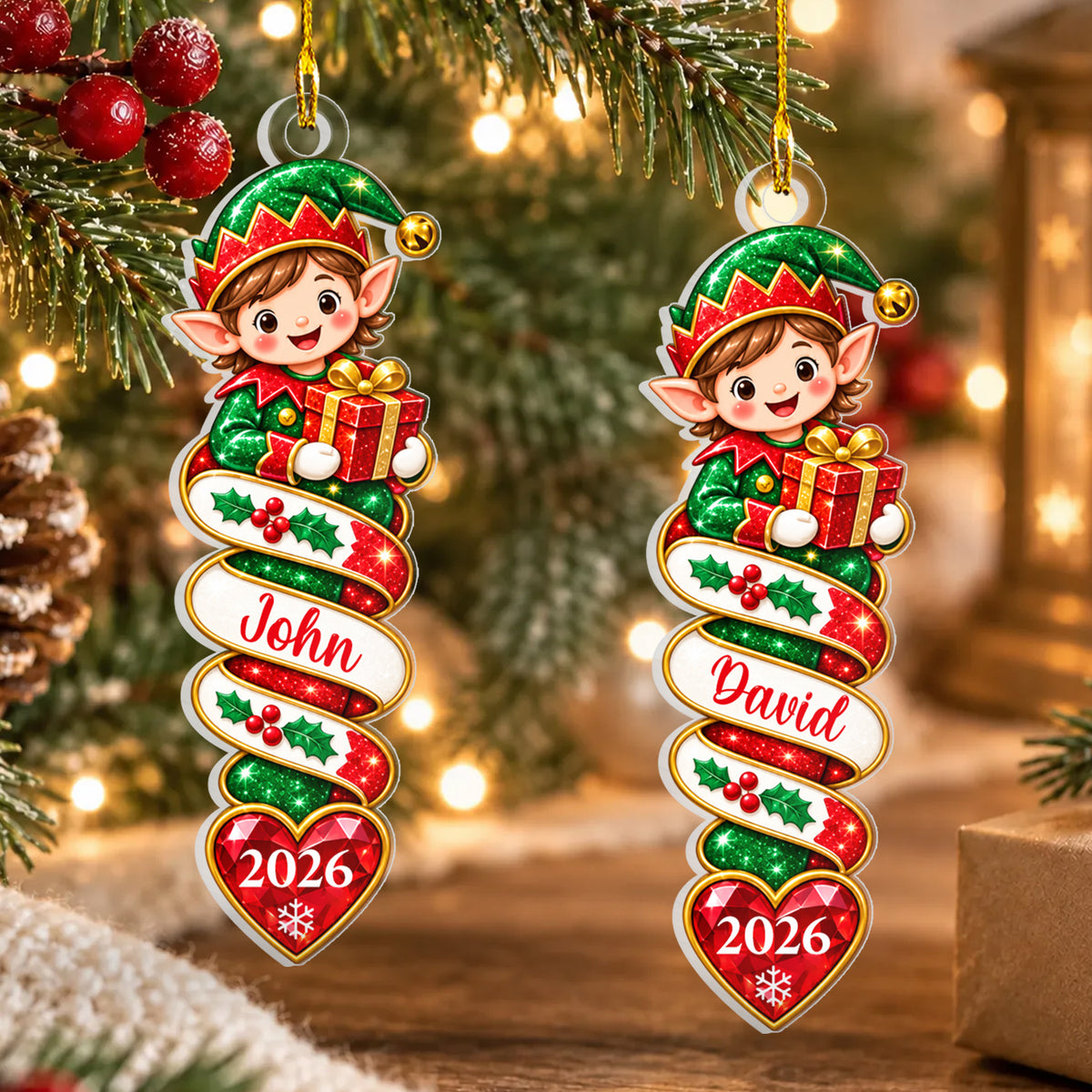 Custom Name &amp; Year, Cute Santa's Helper Holding Gift, Kids Christmas Tree Decoration, Personalized Christmas Elf Acrylic Ornament