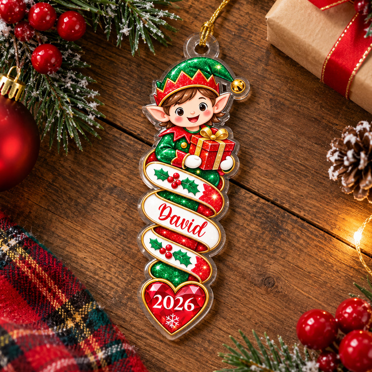 Custom Name &amp; Year, Cute Santa's Helper Holding Gift, Kids Christmas Tree Decoration, Personalized Christmas Elf Acrylic Ornament