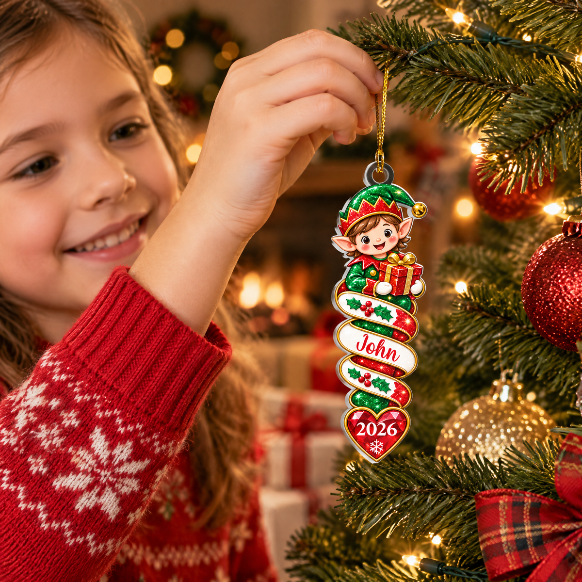 Custom Name &amp; Year, Cute Santa's Helper Holding Gift, Kids Christmas Tree Decoration, Personalized Christmas Elf Acrylic Ornament