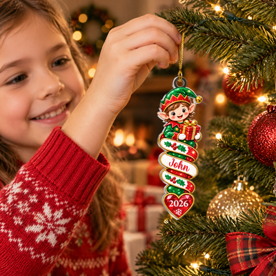 Custom Name & Year, Cute Santa's Helper Holding Gift, Kids Christmas Tree Decoration, Personalized Christmas Elf Acrylic Ornament