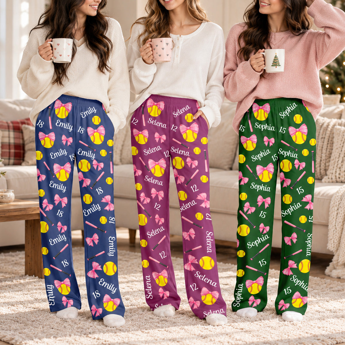 Softball Is My Happy Place - Personalized Pajama Pants, Softball Lovers GiftCoquette Bow Softball Custom Name, Number Gift For Softball Player