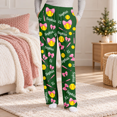 Softball Is My Happy Place - Personalized Pajama Pants, Softball Lovers GiftCoquette Bow Softball Custom Name, Number Gift For Softball Player