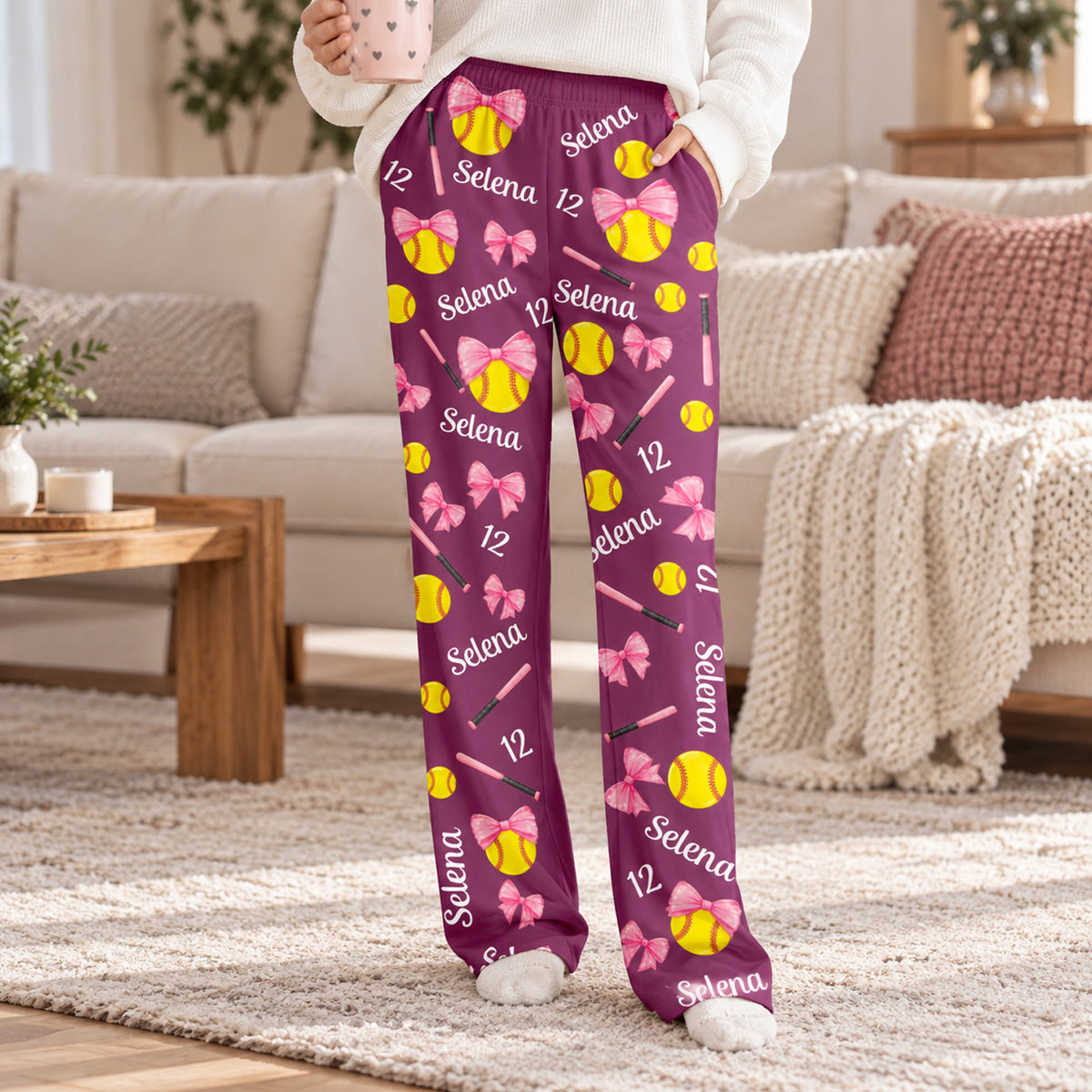 Softball Is My Happy Place - Personalized Pajama Pants, Softball Lovers GiftCoquette Bow Softball Custom Name, Number Gift For Softball Player