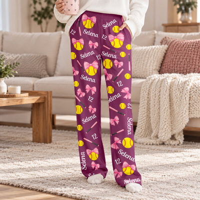 Softball Is My Happy Place - Personalized Pajama Pants, Softball Lovers GiftCoquette Bow Softball Custom Name, Number Gift For Softball Player