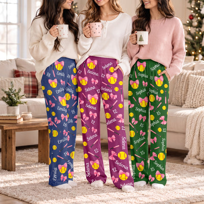 Softball Is My Happy Place - Personalized Pajama Pants, Softball Lovers GiftCoquette Bow Softball Custom Name, Number Gift For Softball Player