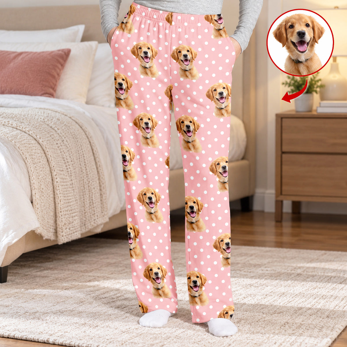 Custom Pet Face Minimalist Polka Dot - Personalized Pajama Pants, Custom Gift for Pet Lovers, Dog Mom/Dog Dad Gift