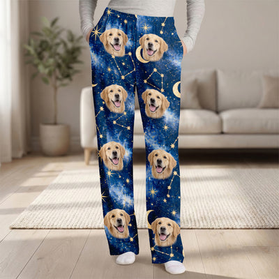 Custom Pet Photo Gold Constellations And Night Sky - Personalized Pajama Pants, Gift for Pet Owner