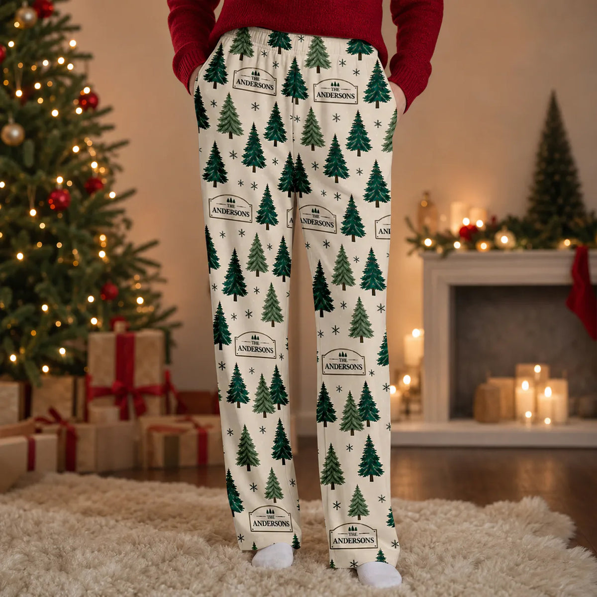 Family Christmas Tree - Personalized Pajama Pants, Custom Evergreen Tree Pants for Men Women, Matching Holiday Pants with Family Name