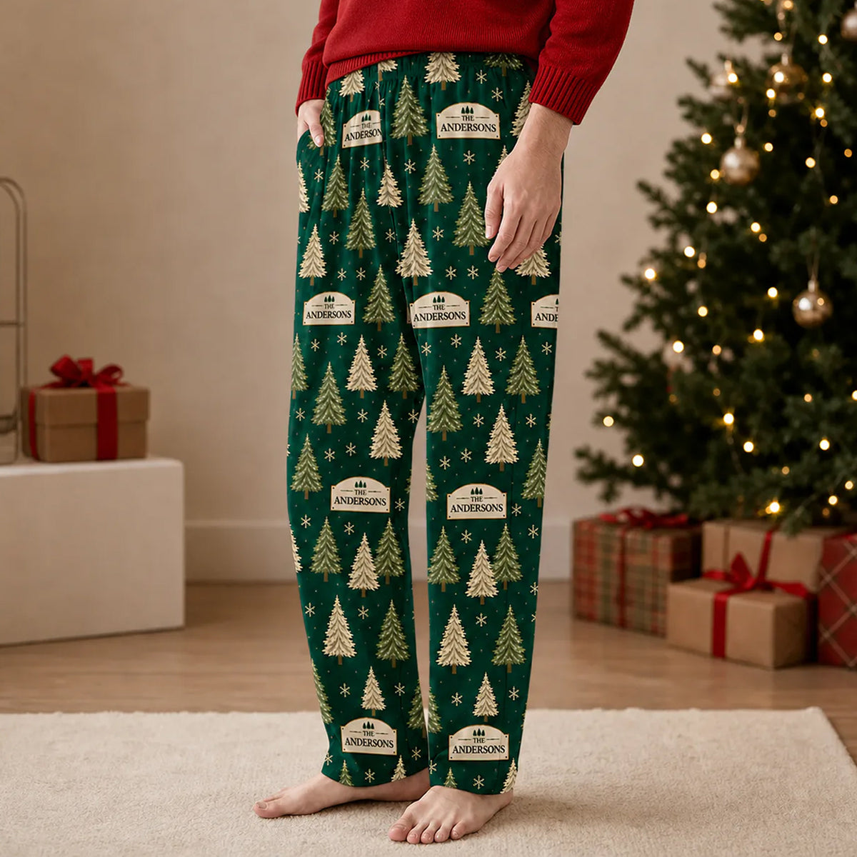 Family Christmas Tree - Personalized Pajama Pants, Custom Evergreen Tree Pants for Men Women, Matching Holiday Pants with Family Name