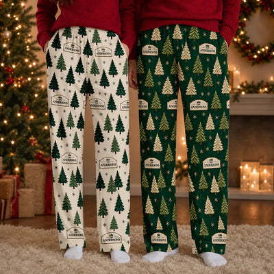 Family Christmas Tree - Personalized Pajama Pants, Custom Evergreen Tree Pants for Men Women, Matching Holiday Pants with Family Name