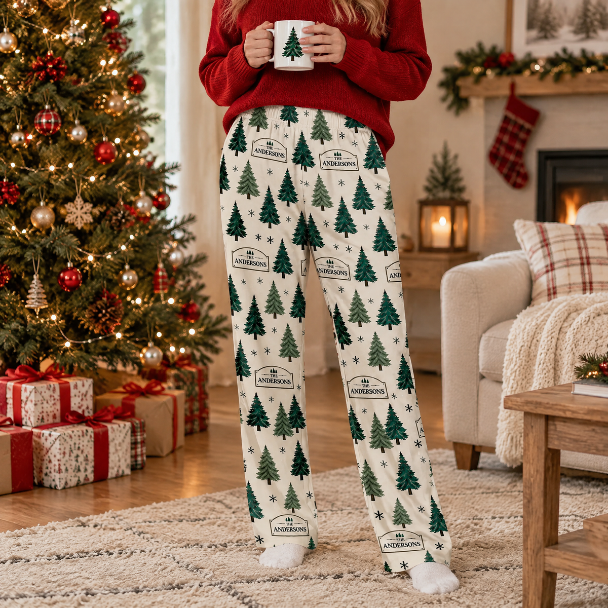 Family Christmas Tree - Personalized Pajama Pants, Custom Evergreen Tree Pants for Men Women, Matching Holiday Pants with Family Name