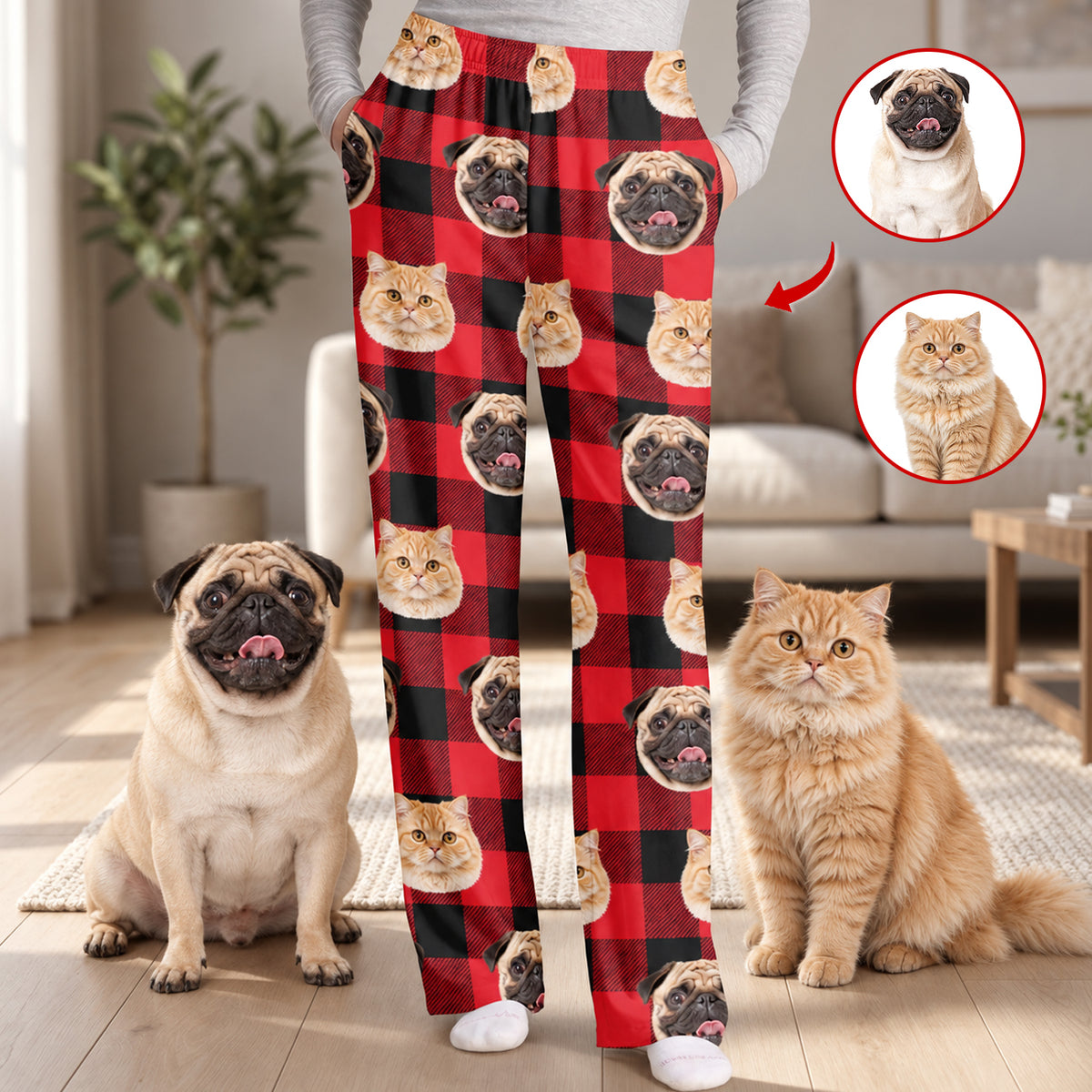 Custom photo pet buffalo check pajama pants worn standing beside a sitting pug and an orange cat in a living room