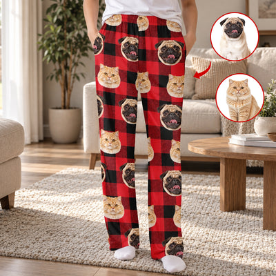 Custom Photo Pet Classic Red And Black Buffalo Check - Personalized Pajama Pants, Gift for Pet Owner