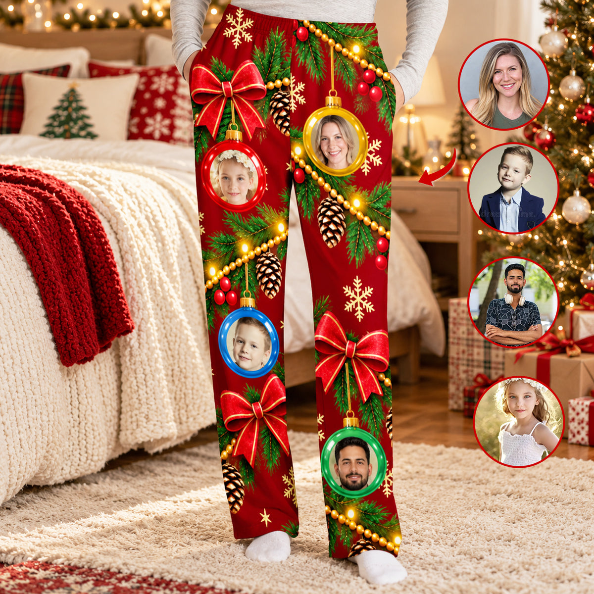Personalized pajamas pants custom face ornament in red, worn in a bedroom with photo circles of faces beside them