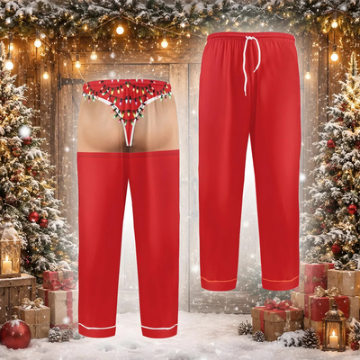 Christmas Gag - Personalized Pajama Pants for Men, Red Satin Holiday Sleepwear, Funny Santa Party Pants