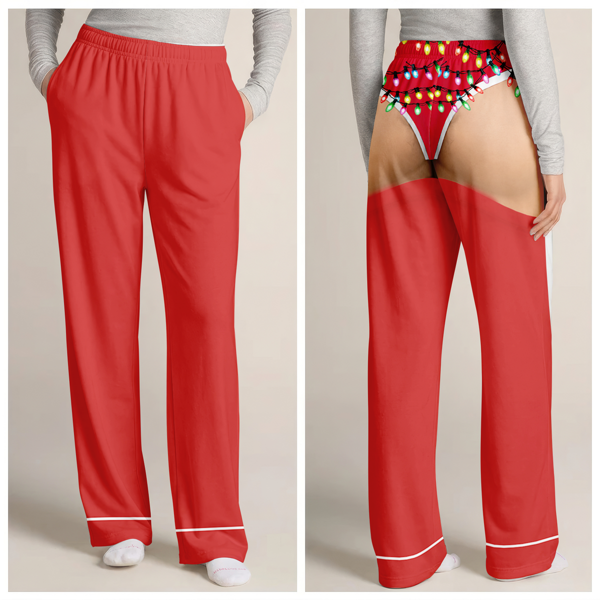 Christmas Gag - Personalized Pajama Pants for Men, Red Satin Holiday Sleepwear, Funny Santa Party Pants